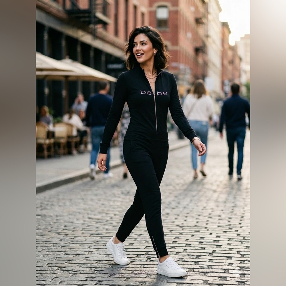 bebe Black Long-Sleeve Zip Jumpsuit